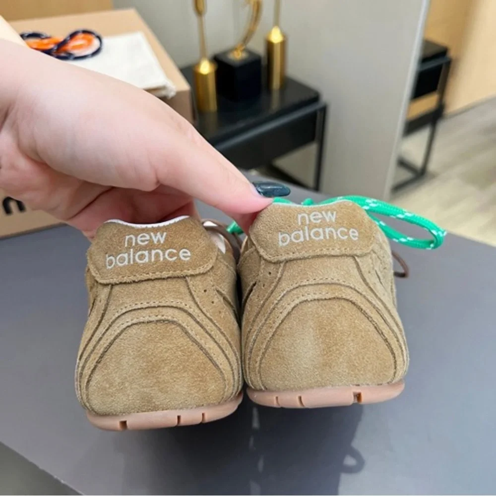 Miu Miu Tan Sneakers with Green and White Laces